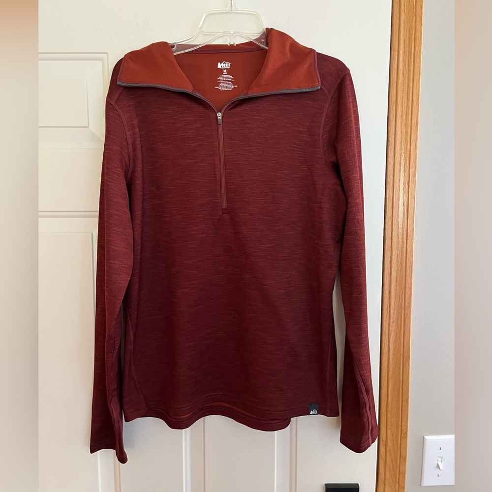 REI Co-op men’s 1/4 zip rust hooded pull over shirt jacket. Size medium